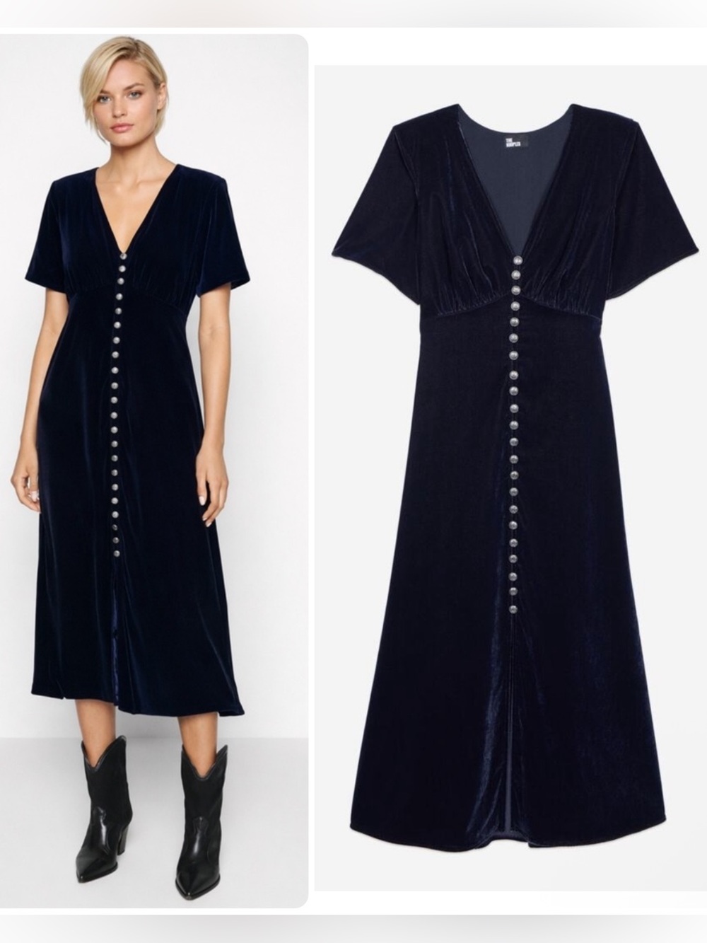 The Kooples Velvet V-Neck Deep Navy Metal Button-Front Midi Dress NWT $495